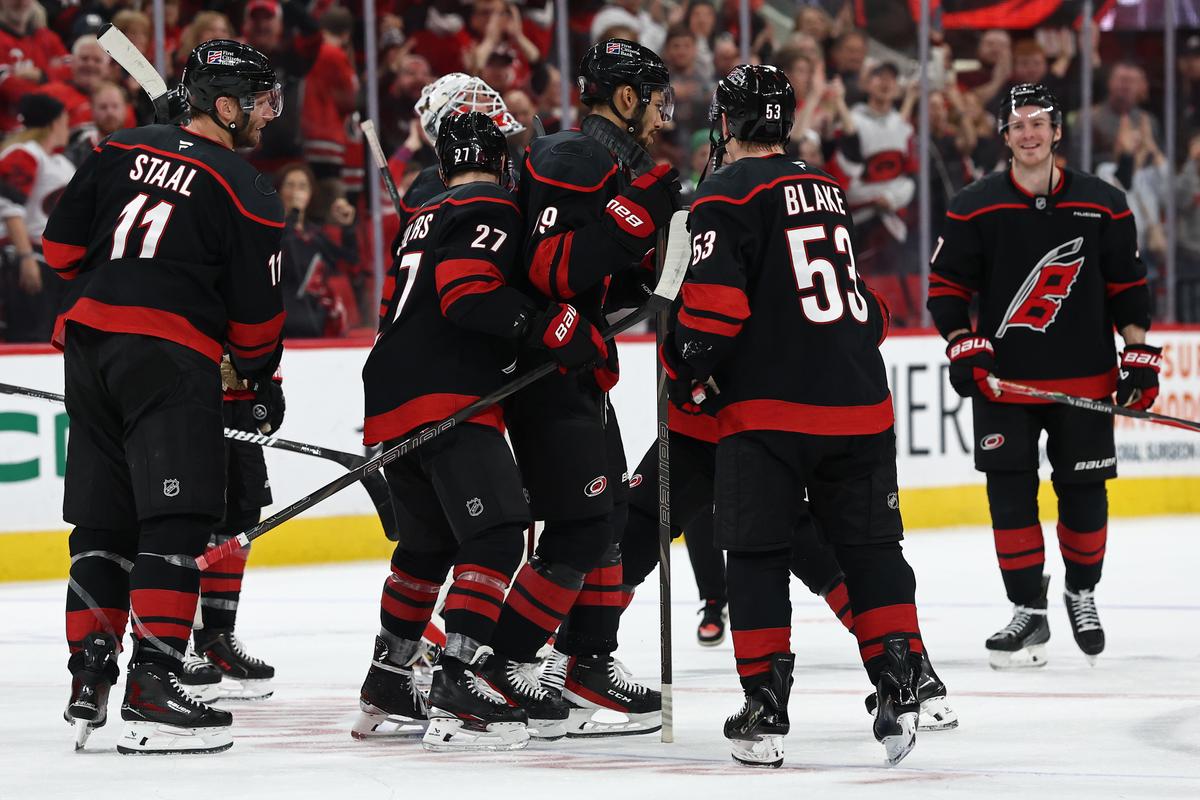 The Carolina Hurricanes celebrate with K'andre Miller (19) following their 6–3 victory over the Dallas Stars during the third period of the game at Lenovo Center in Raleigh, N.C., on Jan. 6, 2026. (Jared C. Tilton/Getty Images)