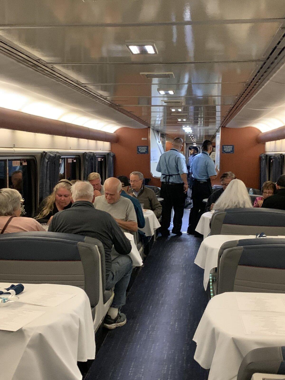 Sleeping car passengers enjoy included breakfast, lunch, and dinner while meeting new friends in the dining car. (Sharon Whitley Larsen)