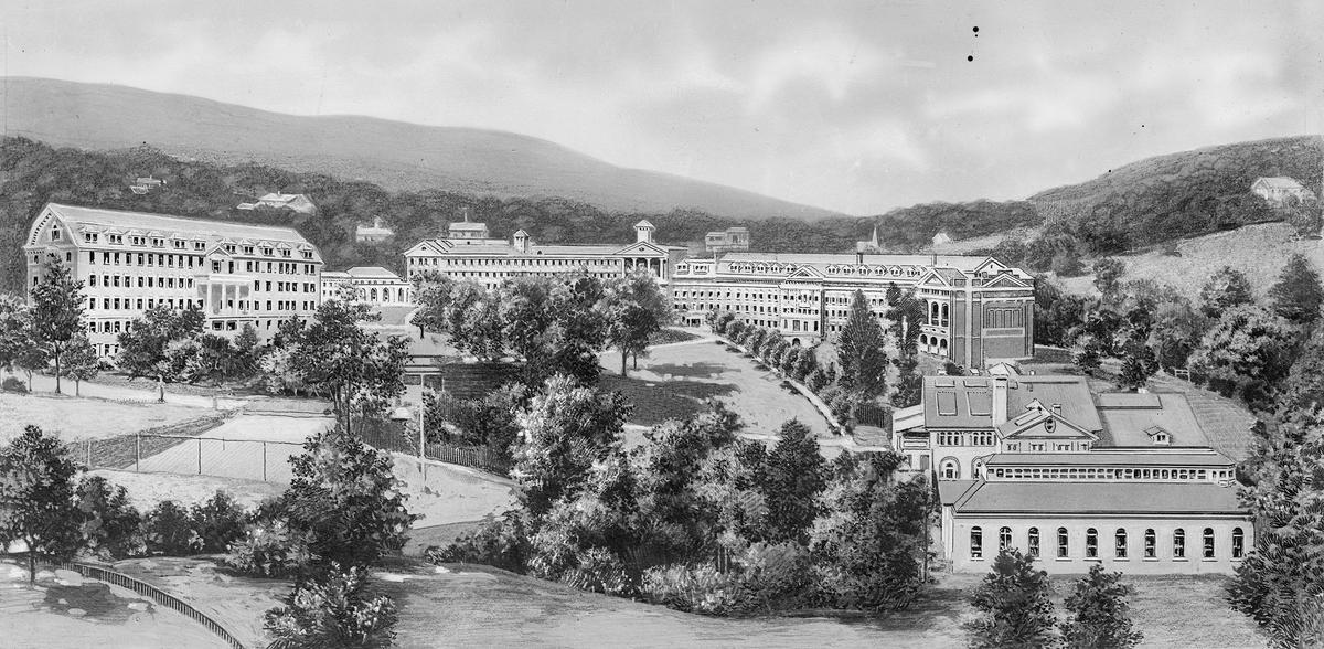 Illustration of the Homestead before construction of the 10-and-a-half-story clock tower, circa 1890 to 1910. Library of Congress. (Public Domain)