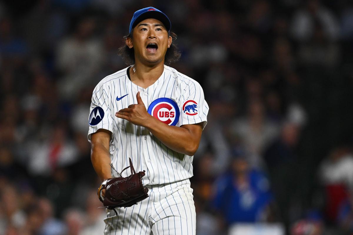 Shota Imanaga of the Chicago Cubs reacts after striking out Jared Triolo of the Pittsburgh Pirates in the seventh inning at Wrigley Field in Chicago on Sept. 4, 2024. (Quinn Harris/Getty Images)