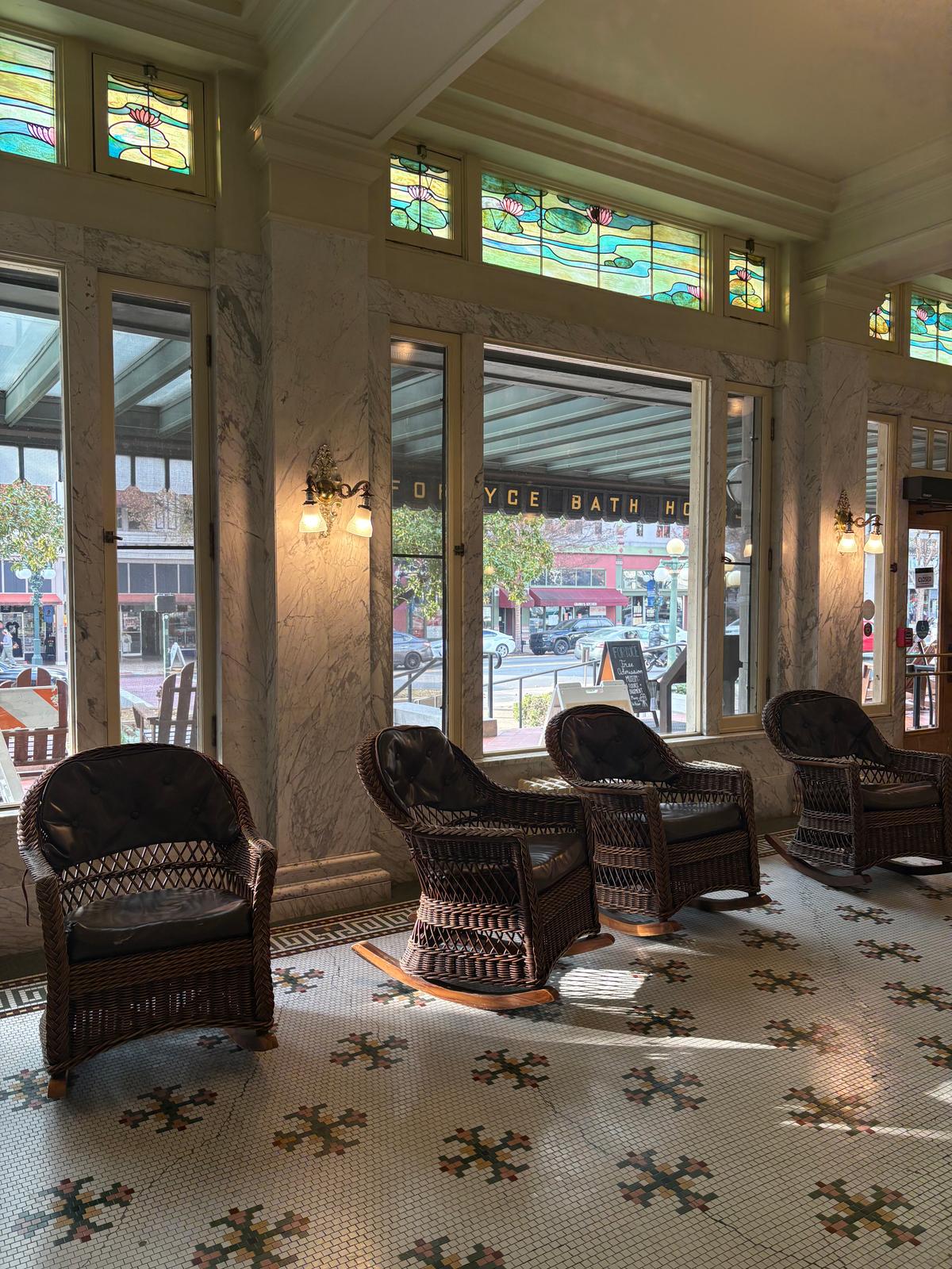 Rich historical detail abounds in Fordyce Bath House, from the painstaking tile work to the early 20th-century stained glass windows. (Deena Bouknight)