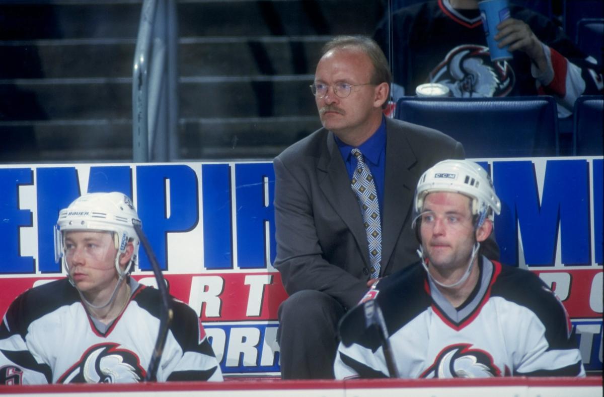 Coach Lindy Ruff of the Buffalo Sabres watches the action during a game against the Ottawa Senators at the Marine Midland Arena in Buffalo, New York on April 19, 1998. (Craig Melvin/Allsport)