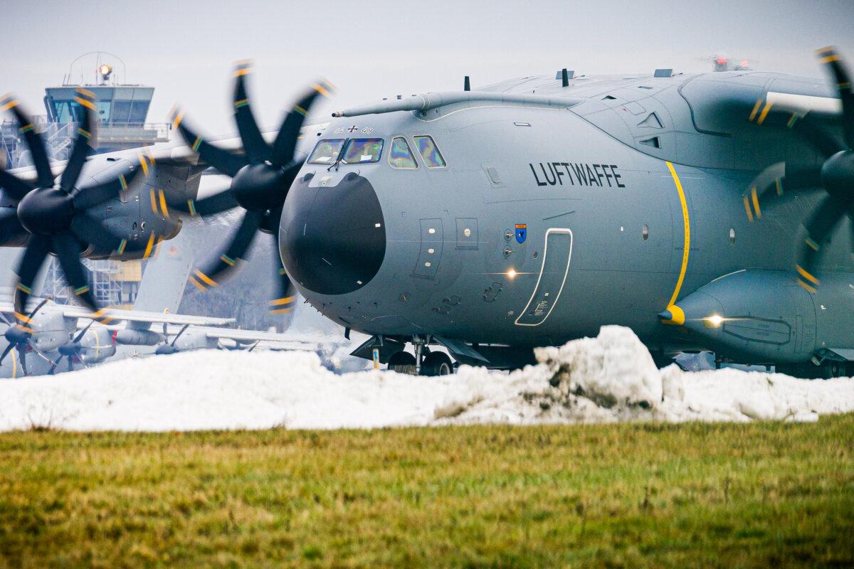 An Airbus A400M transport aircraft of the German air force taxis over the grounds at Wunstorf Air Base in the region of Hanover, Germany, on Jan. 15, 2026. (Moritz Frankenberg/dpa via AP)