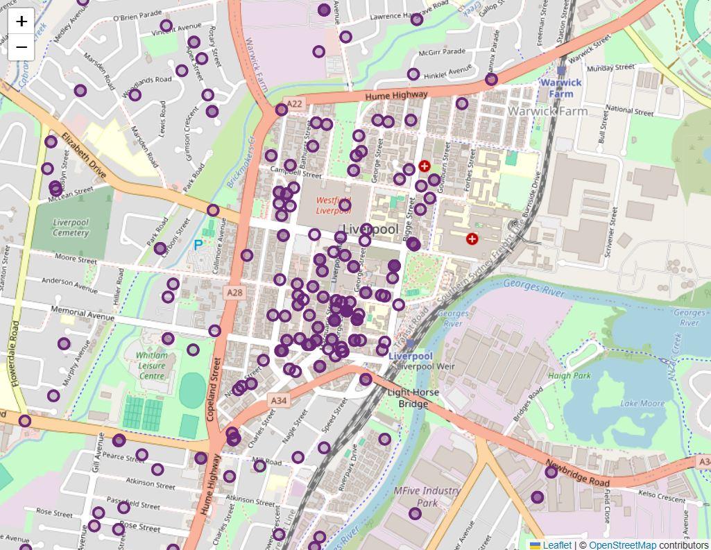 NDIS provider locations in Liverpool, an area in Casula (postcode 2170), West Sydney, Australia. Image as of Mar. 16, 2026 (Courtesy of the NDIS Provider Finder)