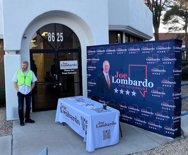A volunteer mans the side door at Joe Lombardo’s reelection campaign offices in Las Vegas’s West Valley on Jan. 16, 2025. (Epoch Times/John Haughey)