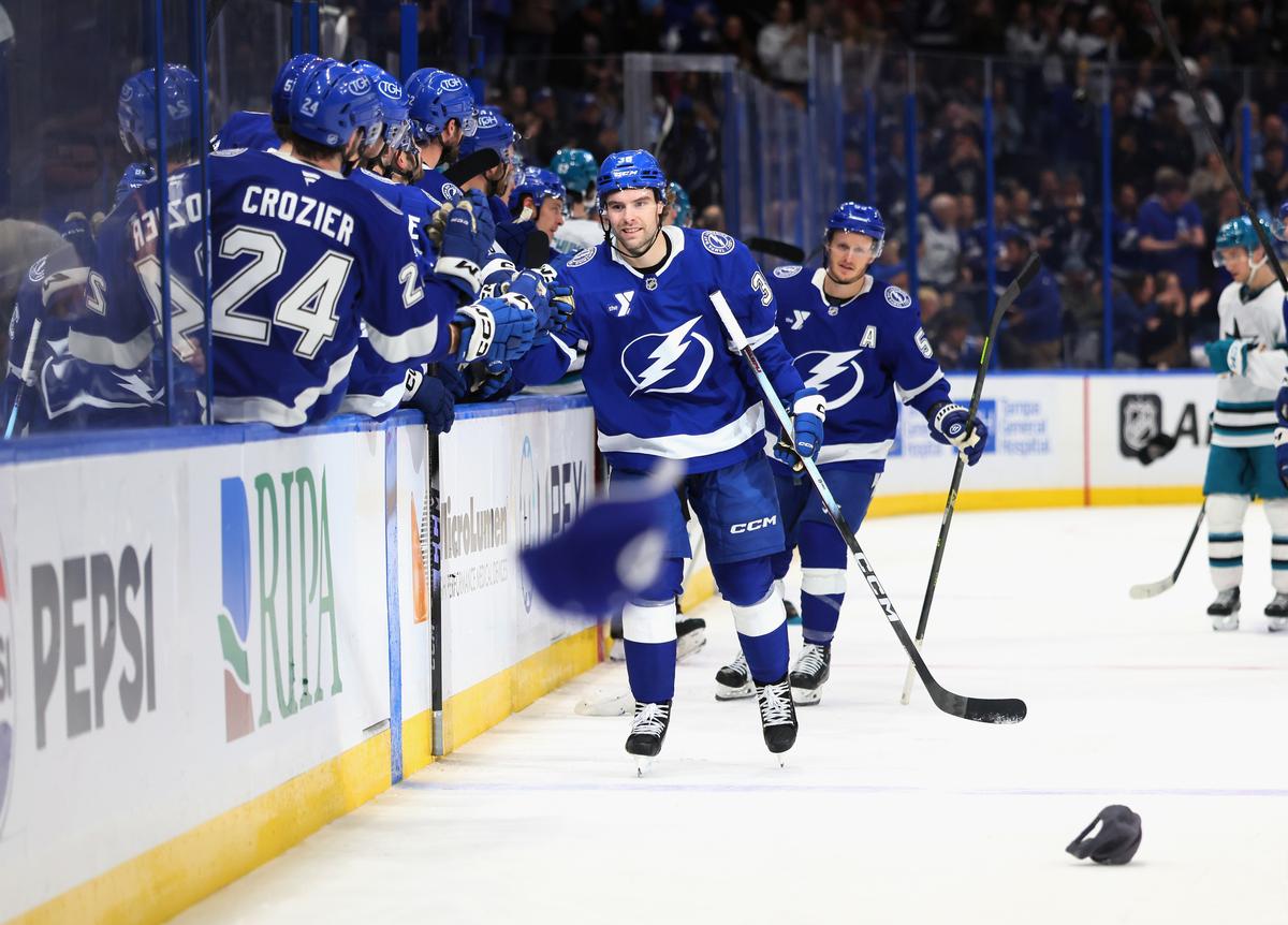 Brandon Hagel (38) of the Tampa Bay Lightning celebrates his empty net goal against the San Jose Sharks at Benchmark International Arena in Tampa, Fla., on Jan. 20, 2026. (Bruce Bennett/Getty Images)
