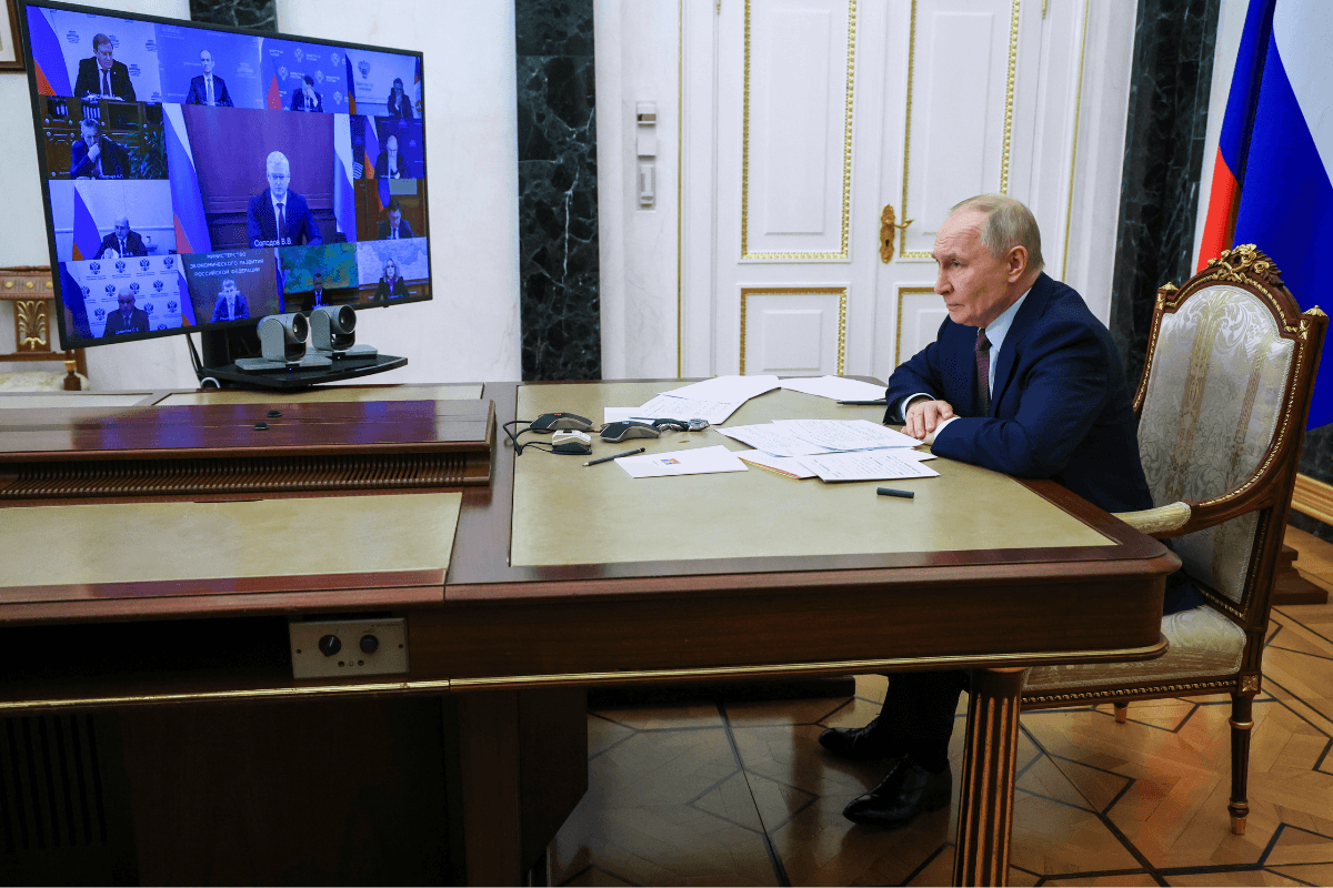 Russian President Vladimir Putin attends a cabinet meeting via videoconference at the Kremlin in Moscow, Russia, on Jan. 21, 2026. (Vyacheslav Prokofyev/Sputnik, Kremlin Pool Photo via AP)