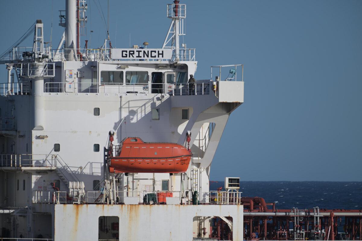 An oil tanker in the Mediterranean Sea that traveled from Russia is pictured after being intercepted by France's navy on Jan. 22, 2026. (French Military via AP)
