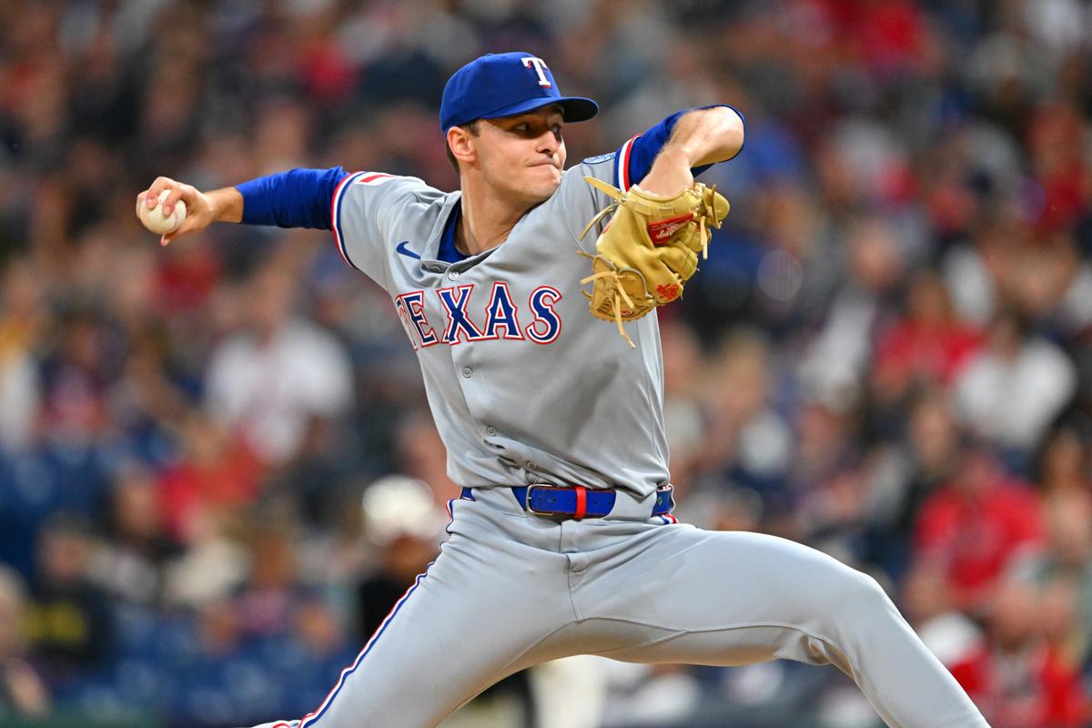 Starting pitcher Jack Leiter of the Texas Rangers pitches during the first inning against the Cleveland Guardians at Progressive Field in Cleveland, on Sept. 26, 2025. (Jason Miller/Getty Images)