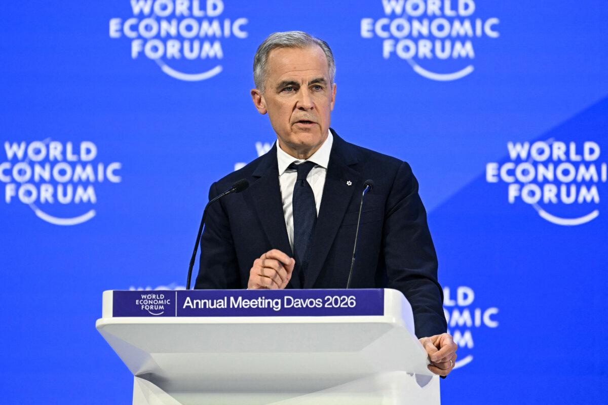 Canada's Prime Minister Mark Carney delivers a speech during the World Economic Forum in Davos, on Jan. 20, 2026. (Fabrice Coffrini/AFP via Getty Images)