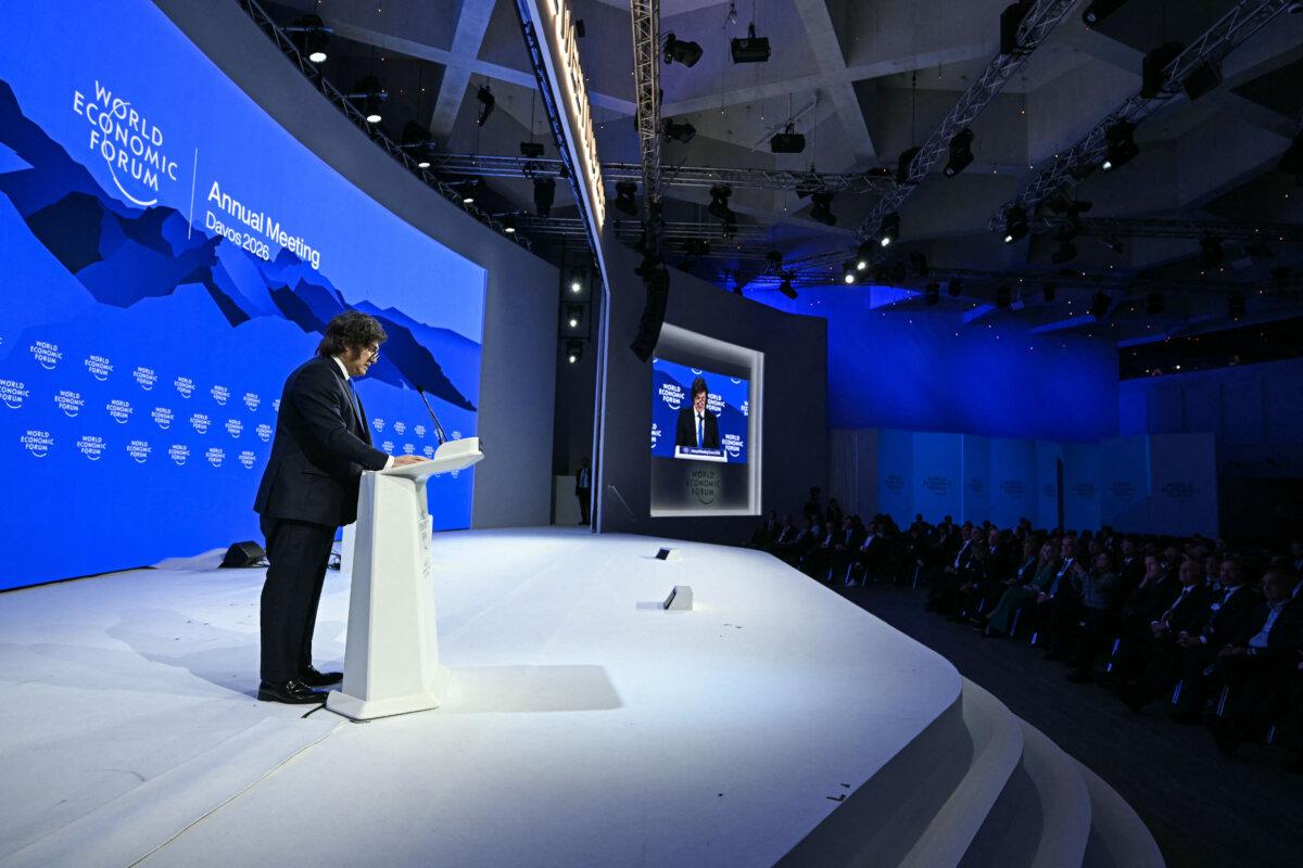 Argentina's President Javier Milei speaks during the World Economic Forum in Davos on Jan. 21, 2026. (Fabrice Coffrini/AFP via Getty Images)