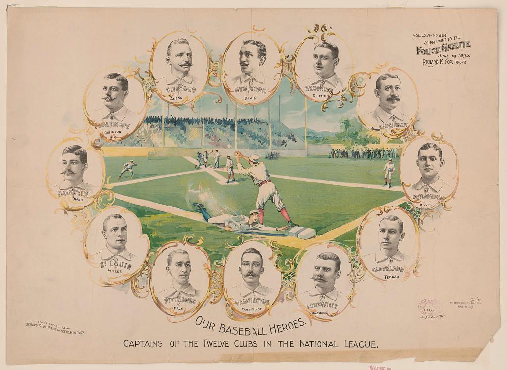 A print showing bust portraits of the captains of the 12 baseball teams in the National League, arranged around a scene showing a base runner attempting to steal second base during a baseball game. Library of Congress. (Public Domain)