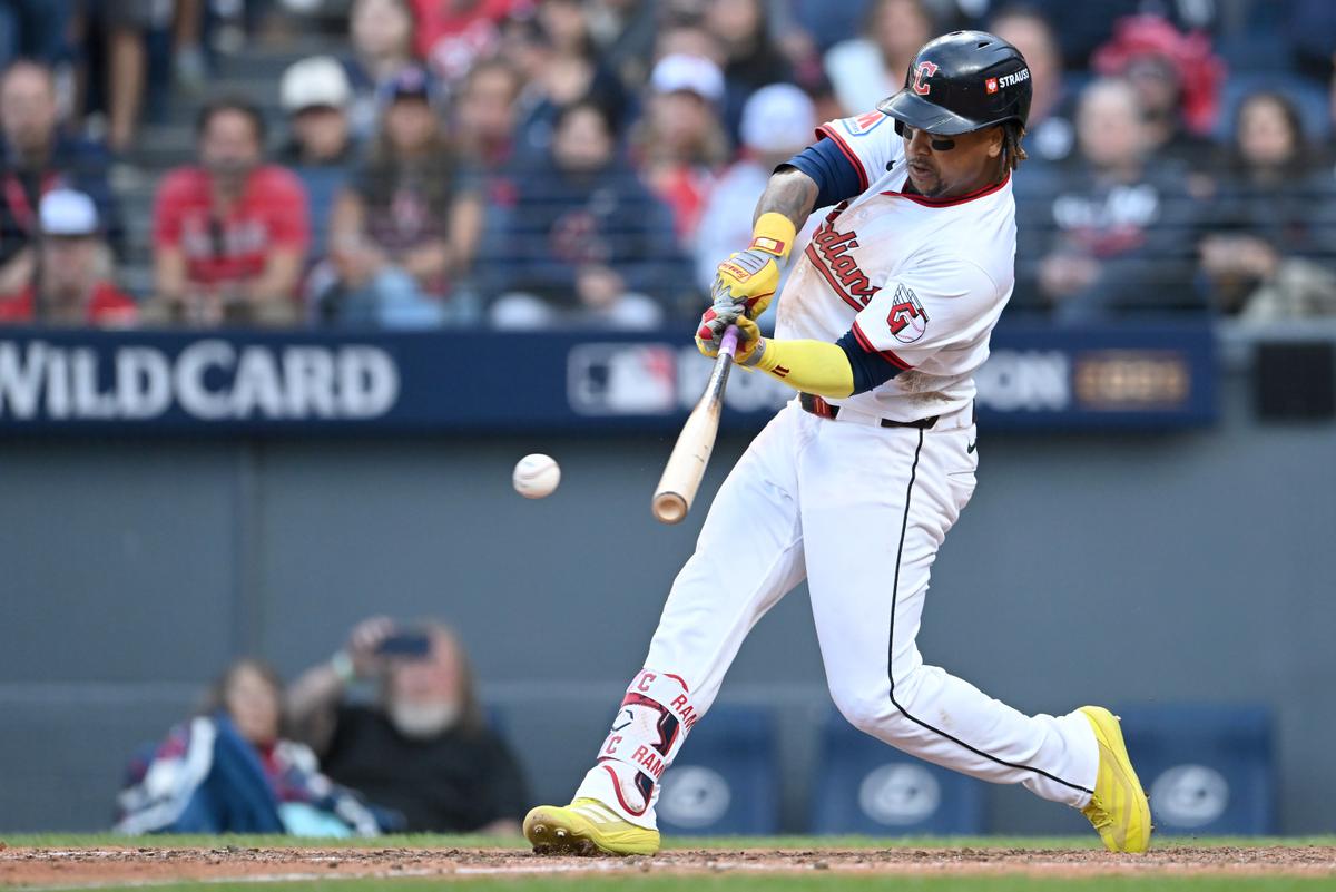 José Ramírez #11 of the Cleveland Guardians hits a single during the eighth inning against the Detroit Tigers in game three of the American League Wild Card Series at Progressive Field in Cleveland, Ohio on Oct. 02, 2025. (Nick Cammett/Getty Images)