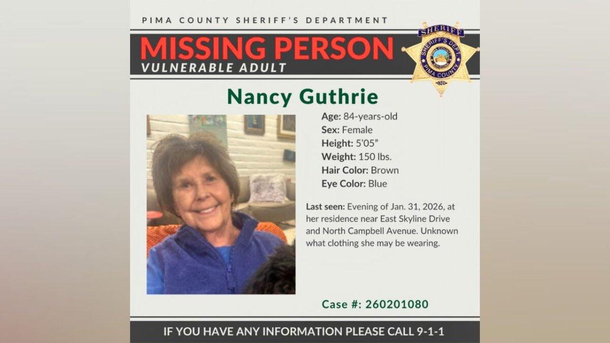 A missing person alert for Nancy Guthrie. (Pima County Sheriff’s Department via AP)