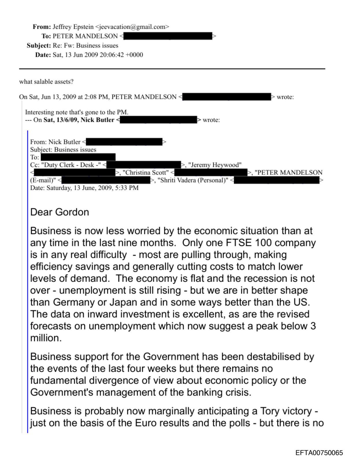 A document released by the U.S. Department of Justice appears to be an email exchange between Jeffrey Epstein and Peter Mandelson. The image appears in the latest documents released by the Department of Justice as part of what are known as the "Epstein Files" on Feb. 3, 2026. (DOJ/Screenshot via The Epoch Times)