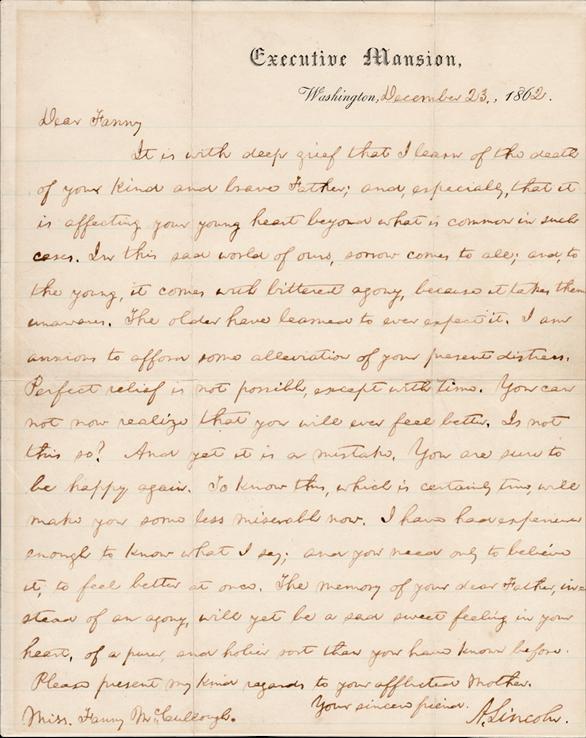 The letter of condolence from Abraham Lincoln to Fanny McCullough, 1862. (Public Domain)