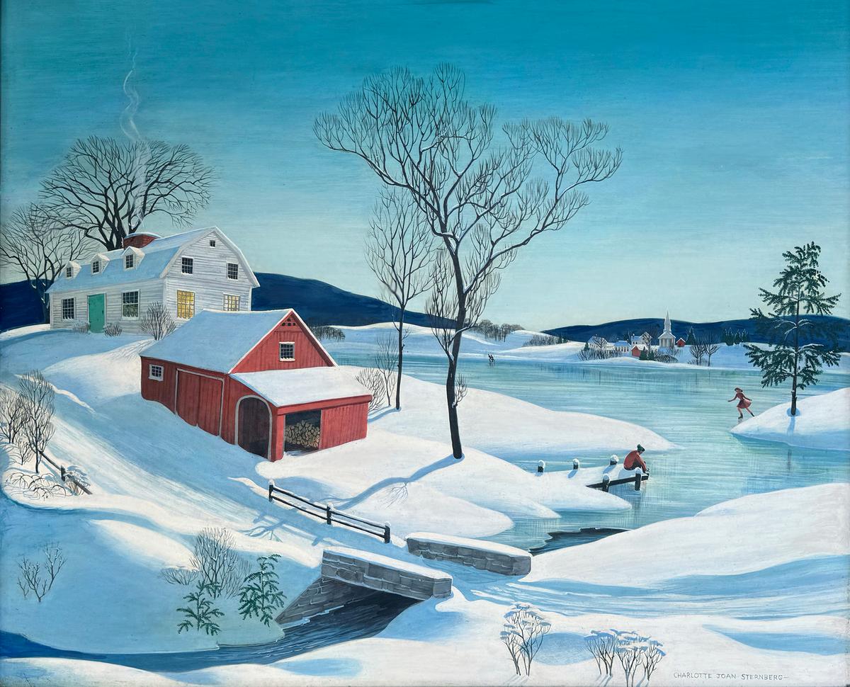 "Americana Winter Scene (Ice Skaters)," 1950, by Charlotte Sternberg. Egg tempera; 15 3/4 inches by 19 1/2 inches. (Courtesy of Robert Funk Fine Art, Miami)