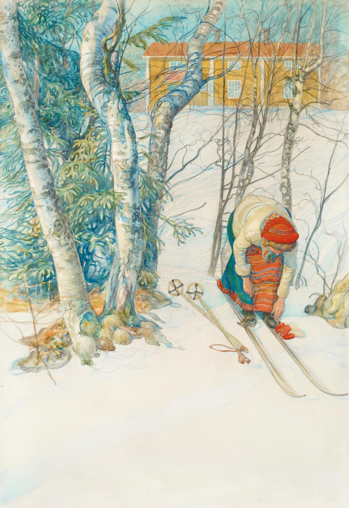 "Skidloperska/Flicka Spanner Pa Sig Skidorna" ("Skier/Girl Putting on Her Skis"), 1911, by Carl Larsson. Watercolor; 29 1/10 inches by 20 3/5 inches. Private collection. (Public Domain)