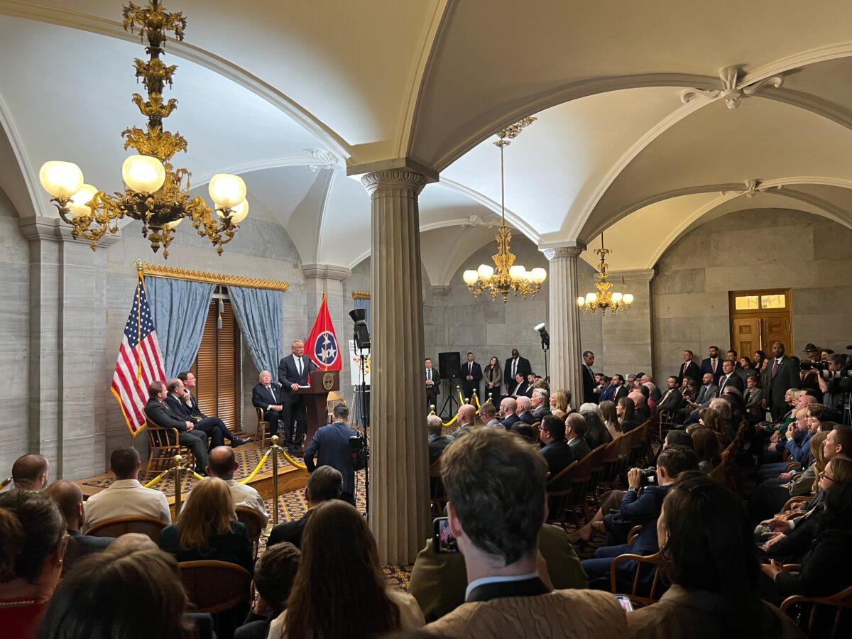 Health Secretary Robert F. Kennedy Jr. gives a speech to a packed room at the Tennessee State Capitol on Feb. 4, 2026, during his “Take Back Your Health” tour. (Jacki Thrapp/The Epoch Times)
