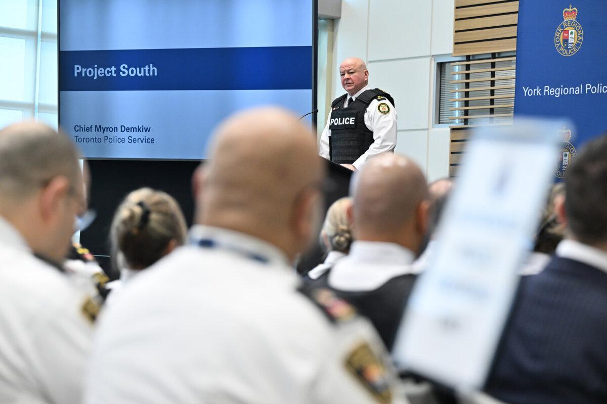 Toronto Police Service Chief Myron Demkiw speaks during a press conference to announce the results of "Project South," at York Regional Police headquarters in Aurora, Ont., Feb. 5, 2026. (The Canadian Press/Jon Blacker)