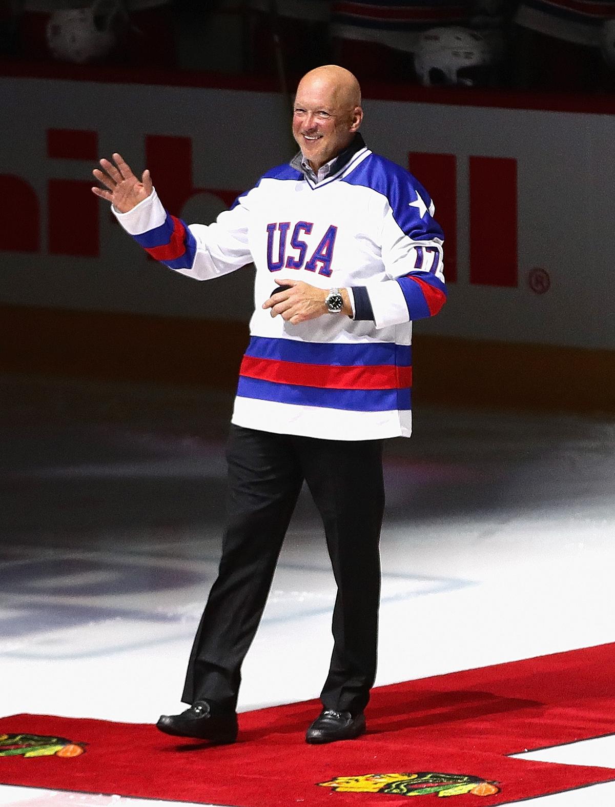 Former player Jack O'Callahan acknowledges the crowd during a ceremonial puck drop celebrating the 40th anniversary of the "Miracle on Ice" before the Chicago Blackhawks take on the New York Rangers at the United Center in Chicago on Feb. 19, 2020. (Jonathan Daniel/Getty Images)