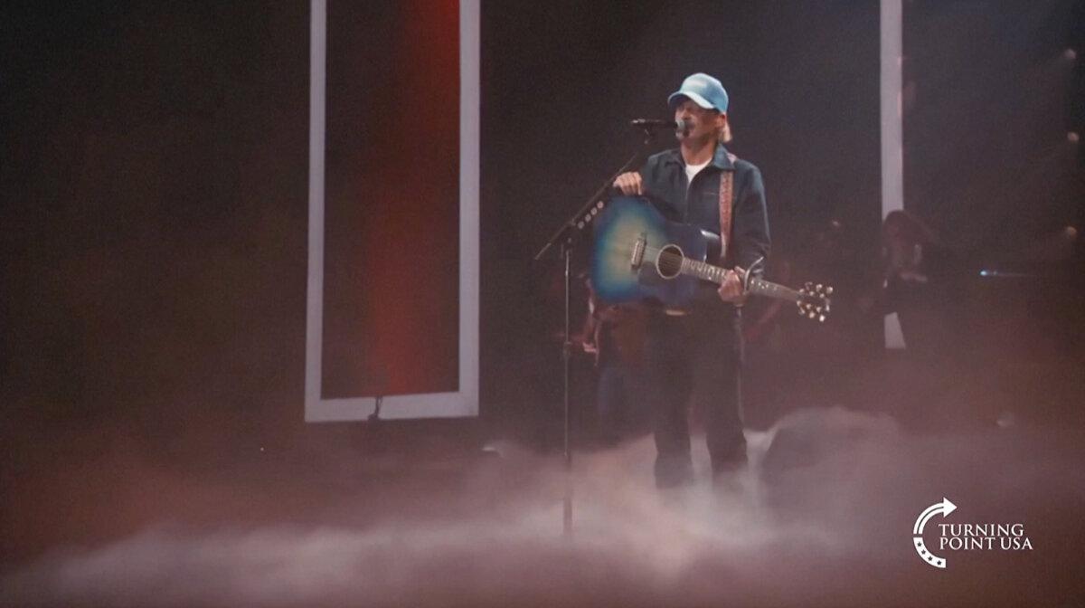 Kid Rock performs during the “All‑American Halftime Show” in a video released on Feb. 8, 2026. (Turning Point USA via Reuters)