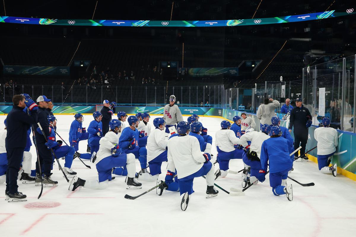 Head coach Mike Sullivan of Team United States speaks to the team during training on day two of the Milan Cortina 2026 Winter Olympic Games at Milano Santagiulia Ice Hockey Arena in Milan, Italy, on Feb. 8, 2026. (Gregory Shamus/Getty Images)