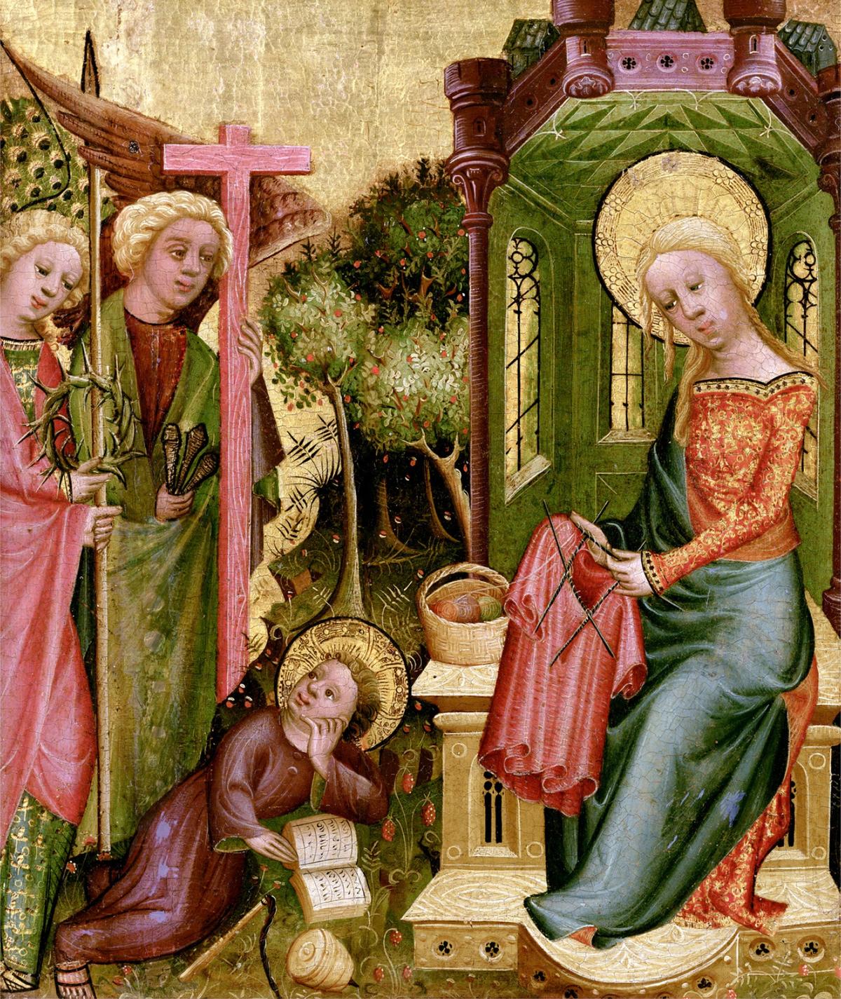 A detail of the "Knitting Madonna" from Buxtehude Altarpiece, circa 1400–1410, by Master Bertram. The representation of Mary knitting suggests that the craft was firmly established by the late Middle Ages and regarded as both an upper-class practice and a virtuous, domestic activity. (Public Domain)