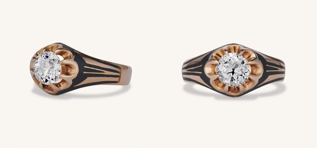 Three quarter view and front view of the Victorian Belcher setting engagement ring, circa 1880, on sale through Erstwhile. (Courtesy of Erstwhile Jewelry)