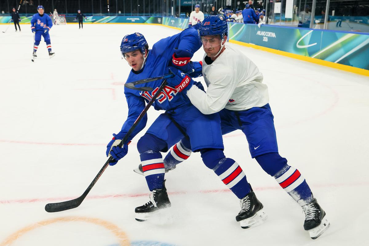 Brock Faber (L) and Brock Nelson (R) of Team United States participate during training on day three of the Milano Cortina 2026 Winter Olympic games at Milano Santagiulia Ice Hockey Arena in Milan, Italy on Feb. 9, 2026. (Bruce Bennett/Getty Images)