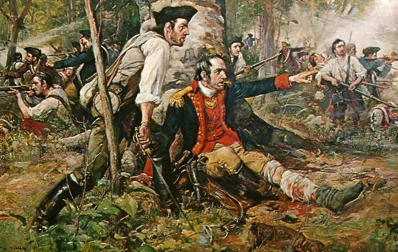 "Herkimer at the Battle of Oriskany." Although wounded, Gen. Nicholas Herkimer rallies the Tryon County militia at the Battle of Oriskany on Aug, 6, 1777. This battle is one those smaller battles featured in "War Without Mercy." (Public Domain)