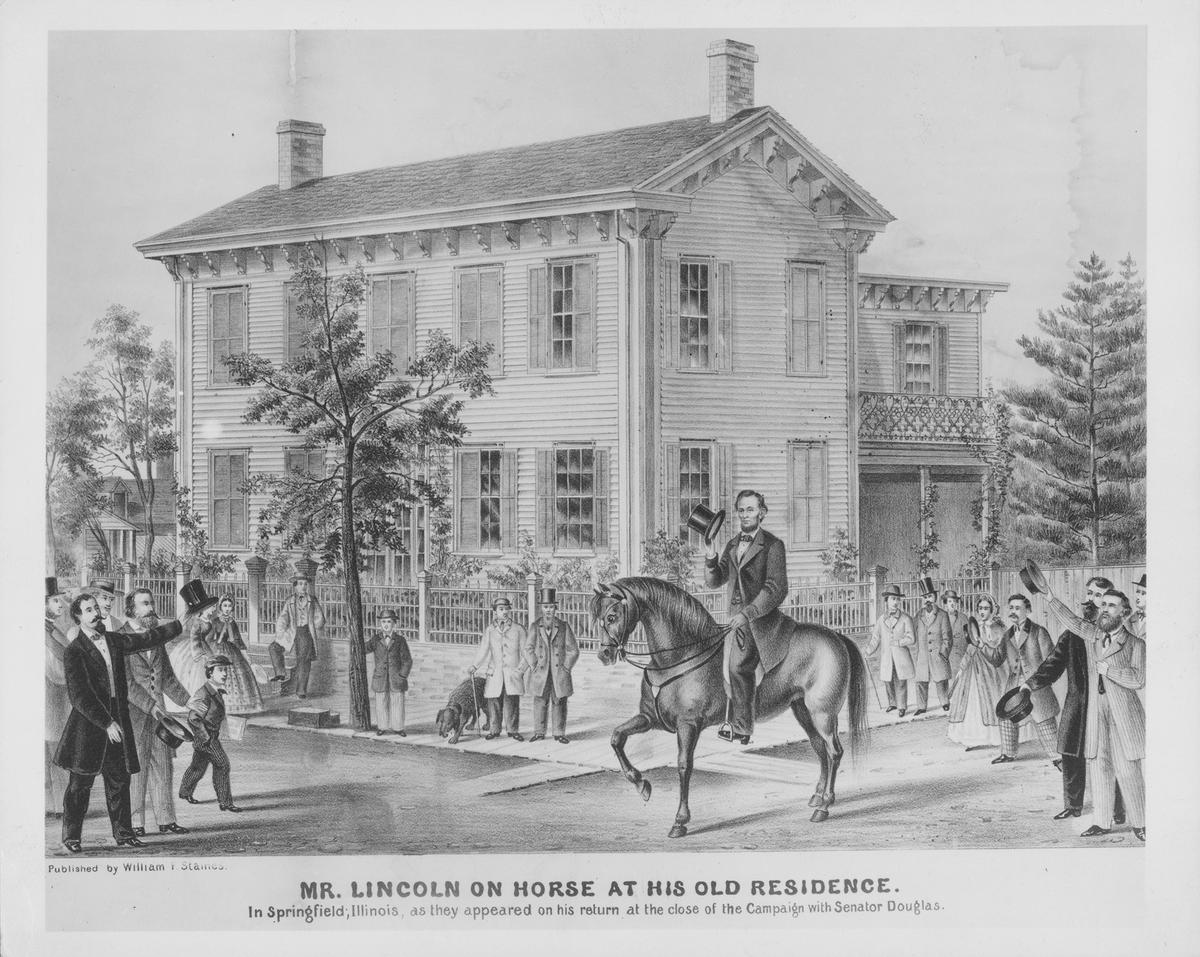 An engraving of Abraham Lincoln on horseback at his old residence in Springfield, Ill., surrounded by supportive locals. (Kean Collection/Archive Photos/Getty Images)