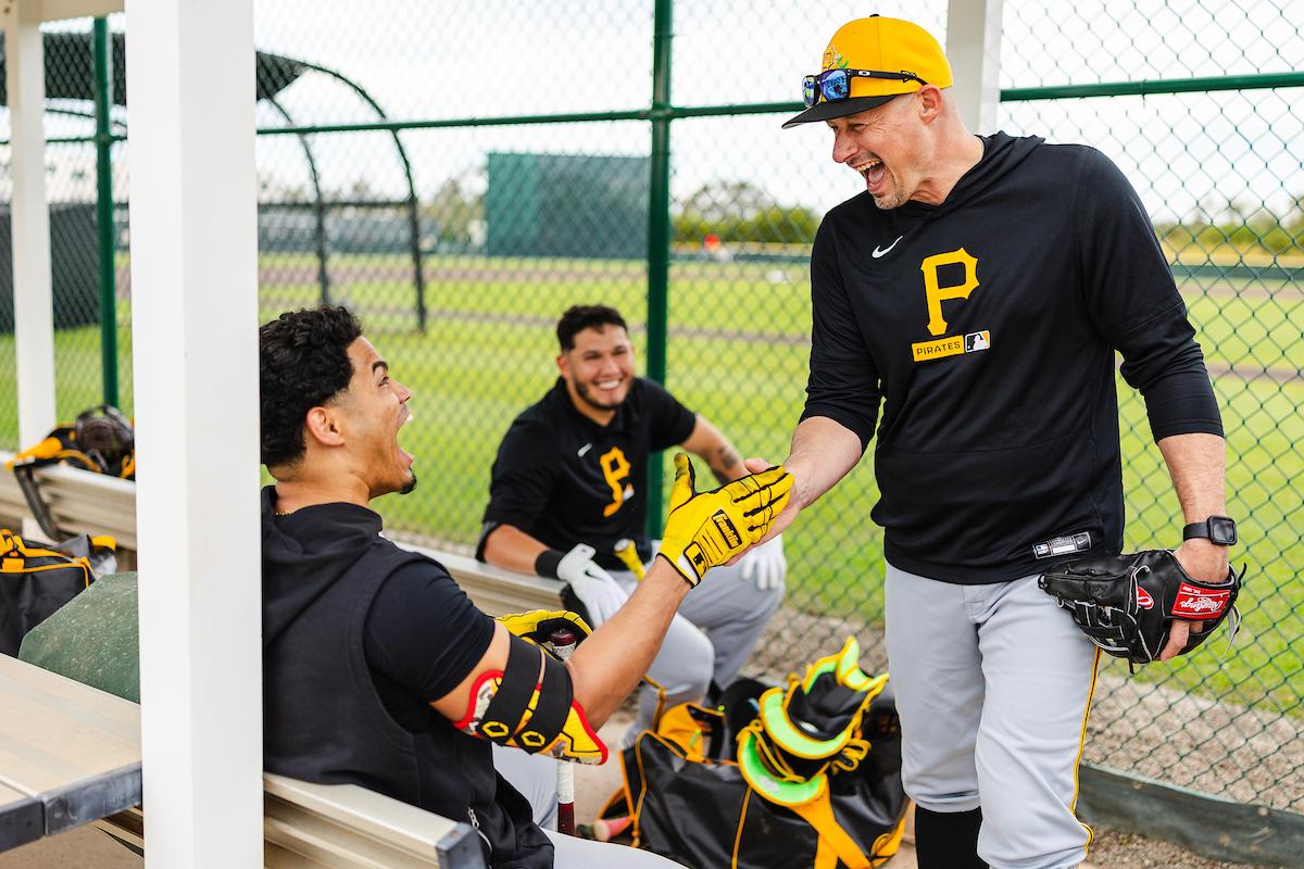 Manager Don Kelly (R) laughs it up with Pirates catcher Endy Rodriguez during spring training at Pirate City, Bradenton, Fla., on Feb. 11, 2026. (Courtesy of the Pittsburgh Pirates)
