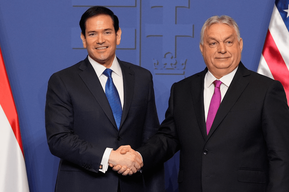 U.S. Secretary of State Marco Rubio (L) and Hungarian Prime Minister Viktor Orban (R) shake hands after a news conference in Budapest, Hungary, on Feb. 16, 2026. (Alex Brandon/Pool/AP Photo)