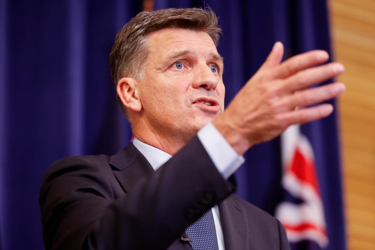Liberal Leader Angus Taylor speaks during a press conference at Australian Parliament House in Canberra, Australia, on Feb. 13, 2026. (Hilary Wardhaugh/Getty Images)