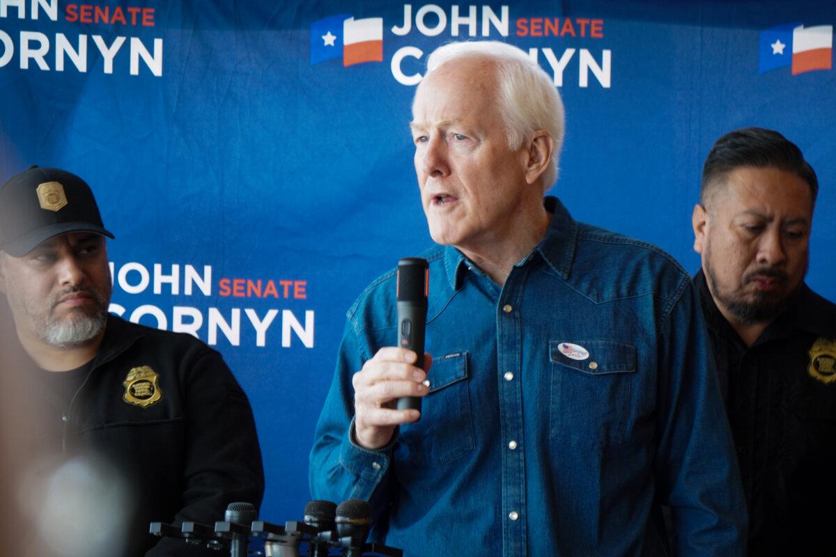 Sen. John Cornyn (R-Texas) speaks at a rally for his Senate primary campaign in Austin, Texas, on Feb. 17, 2026. (Nathan Worcester/The Epoch Times)