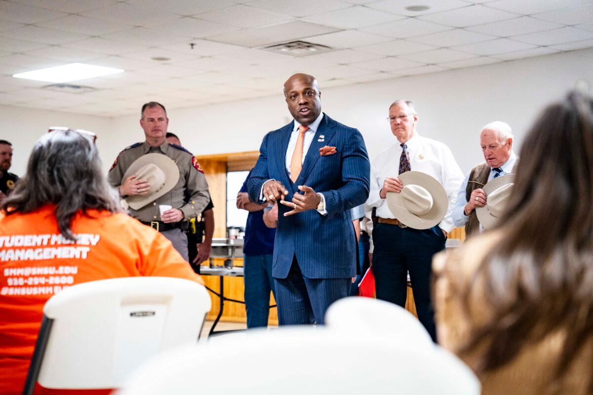 Rep. Wesley Hunt (R-Texas), a Republican running in the 2026 Senate primary, takes part in a Trinity County Sheriff's Office scholarship breakfast event in Trinity, Texas, on Feb. 19, 2026. (Madalina Kilroy/The Epoch Times)