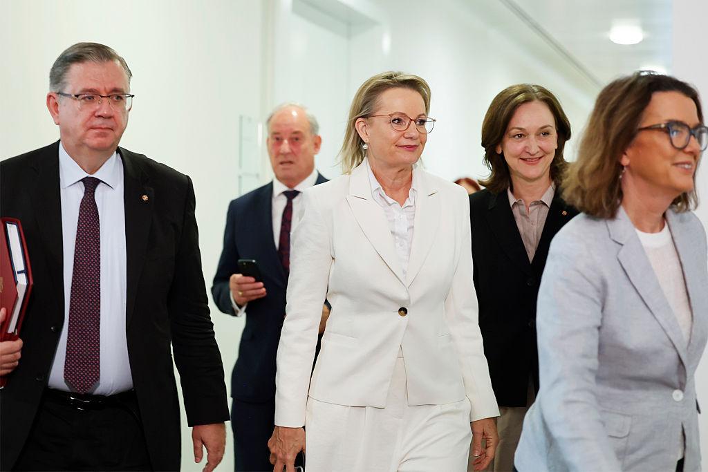 Former Leader of the Opposition, Sussan Ley (C) leaves after a Liberal Party leadership spill at Australian Parliament House in Canberra, Australia on Feb. 13, 2026. (Hilary Wardhaugh/Getty Images)