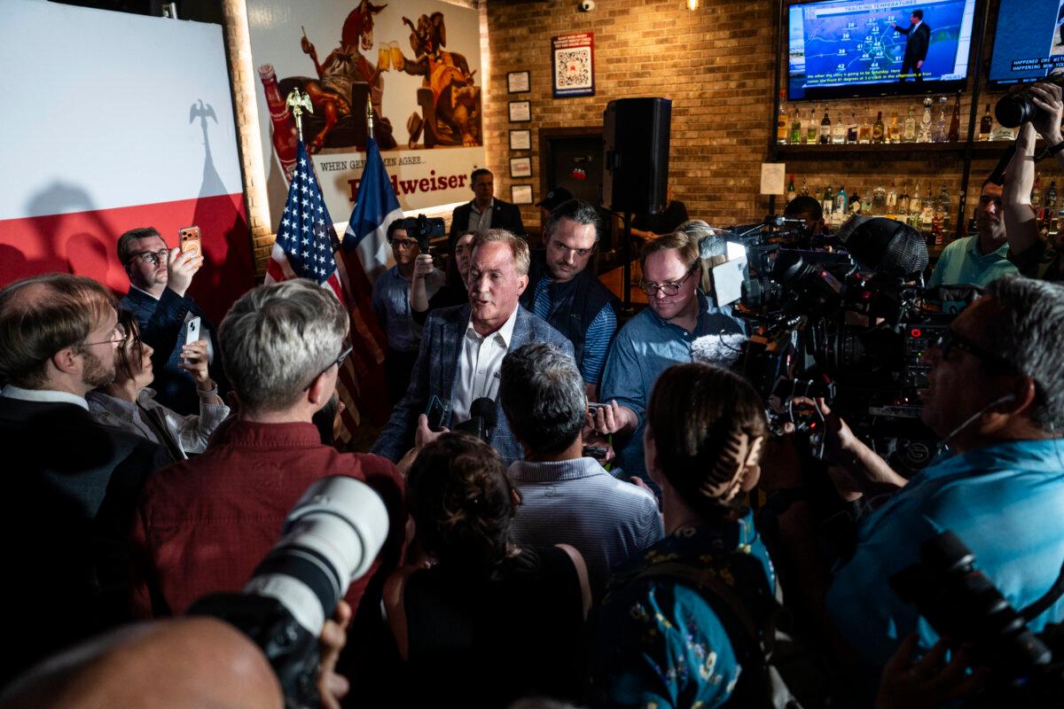 Texas Attorney General Ken Paxton speaks at an event with his supporters during the Texas Senate primary in Magnolia, Texas, on Feb. 19, 2026. (Madalina Kilroy/The Epoch Times)