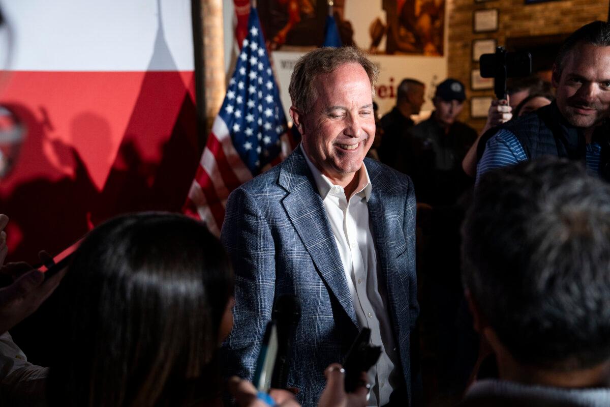 Texas Attorney General Ken Paxton speaks at an event with his supporters during the Texas Senate primary in Magnolia, Texas, on Feb. 19, 2026. (Madalina Kilroy/The Epoch Times)