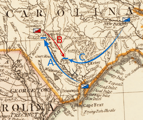 Map depicting Col. Moore's movement from Wilmington to Rockfish Creek. Letter Key: <span style="color: #333300;">A: Moore moves from Wilmington to Rockfish Creek. B: MacDonald moves to Corbett's Ferry C: Caswell moves from New Bern to Corbett's Ferry (<a href="https://en.wikipedia.org/wiki/Battle_of_Moore%27s_Creek_Bridge#/media/File:NCMooresCreek1.png">Thomas Kitchin/CC BY-SA 4.0</a>) </span>