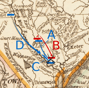 Map depicting movements toward Moore's Creek Bridge. Letter key: A: Richard Caswell's North Carolina militia retreat to Moore's Creek Bridge B: Loyalist force crosses branch of Black River above Corbett's Ferry and moves to Moore's Creek Bridge C: Militia of John Ashe and Alexander Lillington move by forced marches from Rockfish Creek to Moore's Creek Bridge D: Continental Army units under James Moore follow behind Ashe and Lillington<span style="color: #000000;"> (<a href="https://en.wikipedia.org/wiki/Battle_of_Moore%27s_Creek_Bridge#/media/File:NCMooresCreek2.png">Thomas Kitchin/CC BY-SA 4.0</a>) </span>