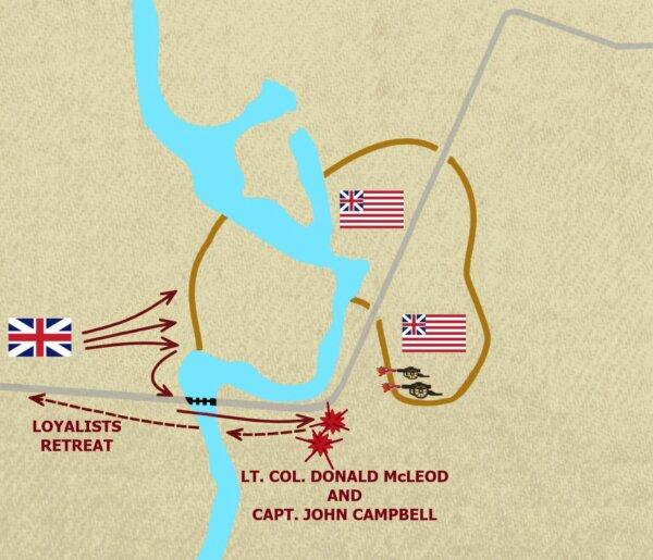 Map depicting the Battle of Moore's Creek Bridge, Feb. 27, 1776. Loyalist soldiers were forced into a chaotic retreat by North Carolina Patriots. (National Park Service)