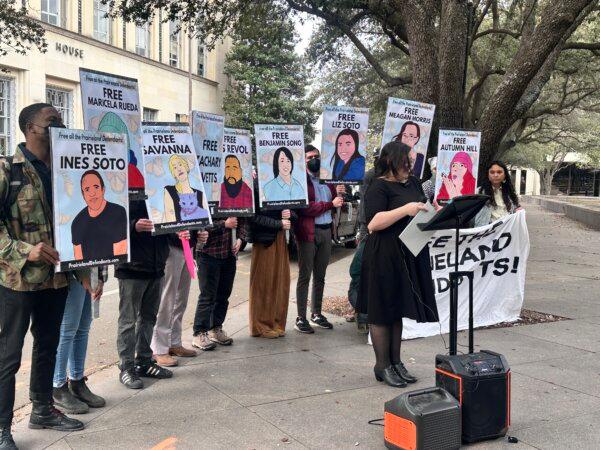 A group known as Prairieland Defendants protest in favor of alleged Antifa members outside the federal courthouse in Fort Worth, Texas, on Feb. 24. 2026. (Darlene McCormick Sanchez/The Epoch Times)