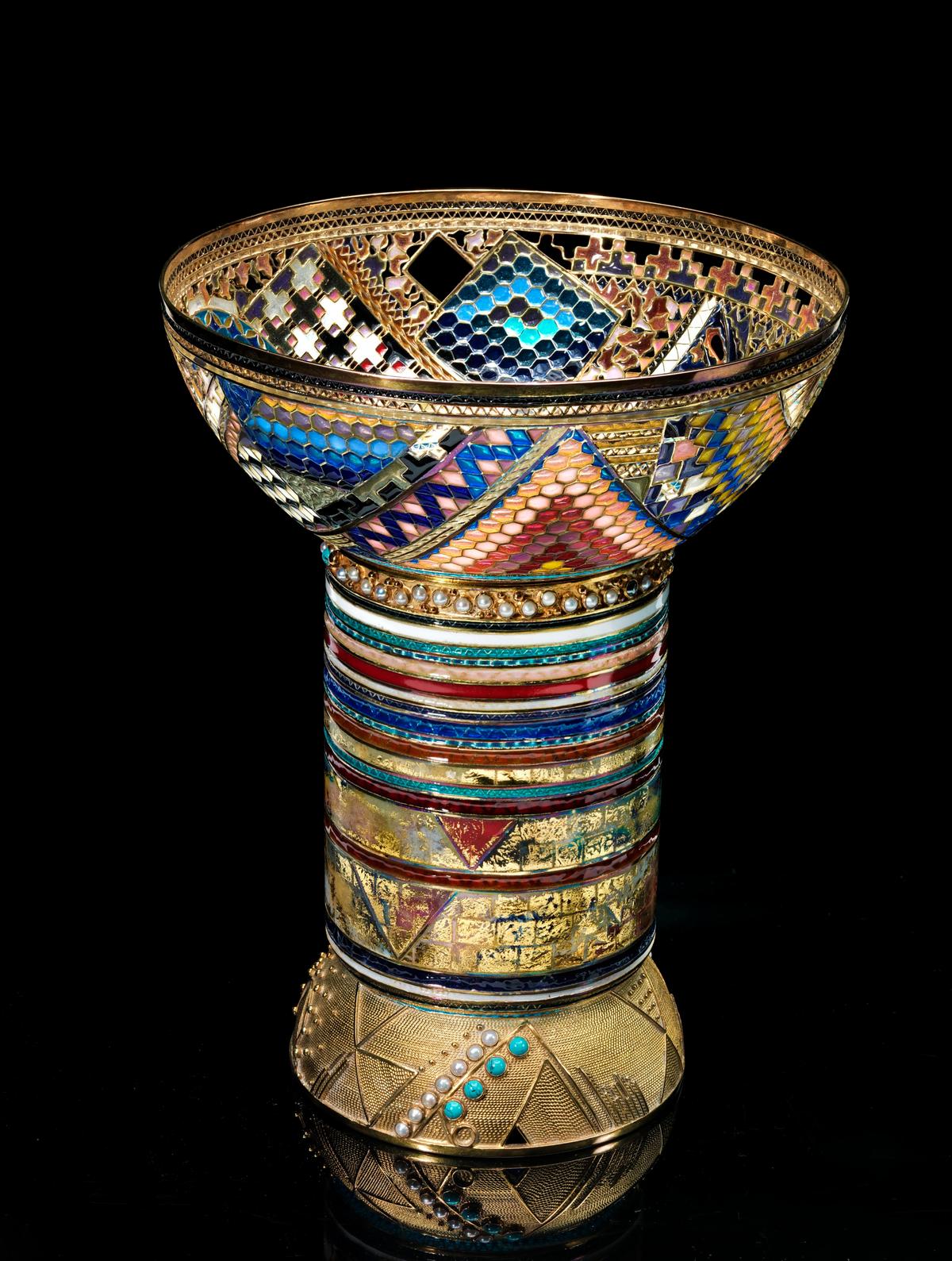 "Chalice," 1995, by Valeri Timofeev. Fine and sterling silver, 24-karat gold plate, 24-karat gold foil, garnets, pearls, turquoise, hematite, tiger's eye, filigree wire, and plique-à-jour on Thompson and Blythe enamels, 7 5/8 inches by 6 inches. Gift of the James Renwick Alliance, Smithsonian American Art Museum. (Public Domain)