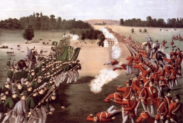 Depiction of the Fenian charge (L) against the Canadian Militia at the Battle of Ridgeway near Fort Erie, Ont., on June 2, 1866. (Public Domain)