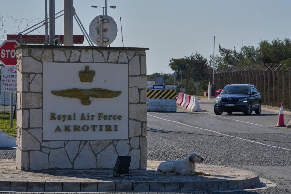 A dog sits at the main gate of the UK's RAF Akrotiri air base after it was hit by a drone strike near Limassol, Cyprus, on March 2, 2026. (Petros Karadjias/AP)