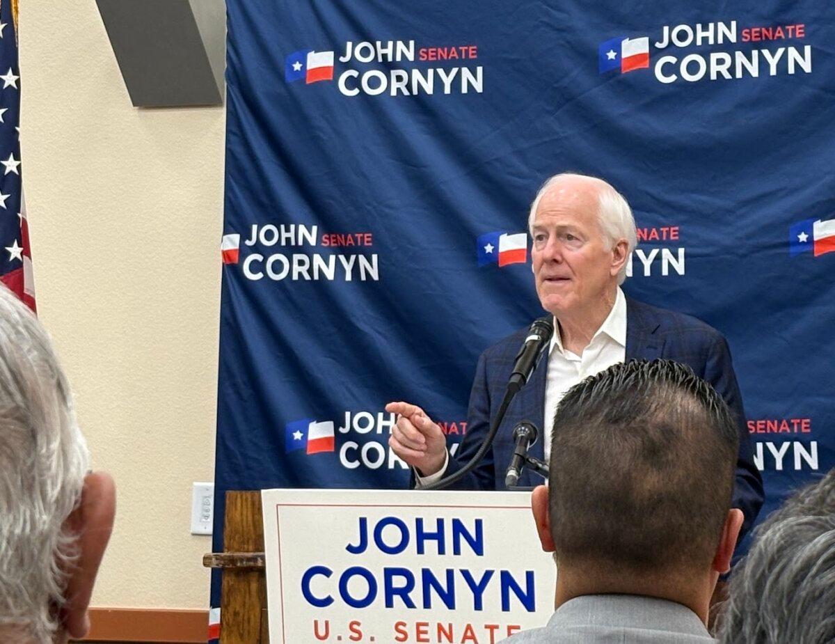 Sen. John Cornyn (R-Texas) campaigns in Schertz, Texas, on March 2, one day before Election Day in the Senate primary. (Nathan Worcester/The Epoch Times)