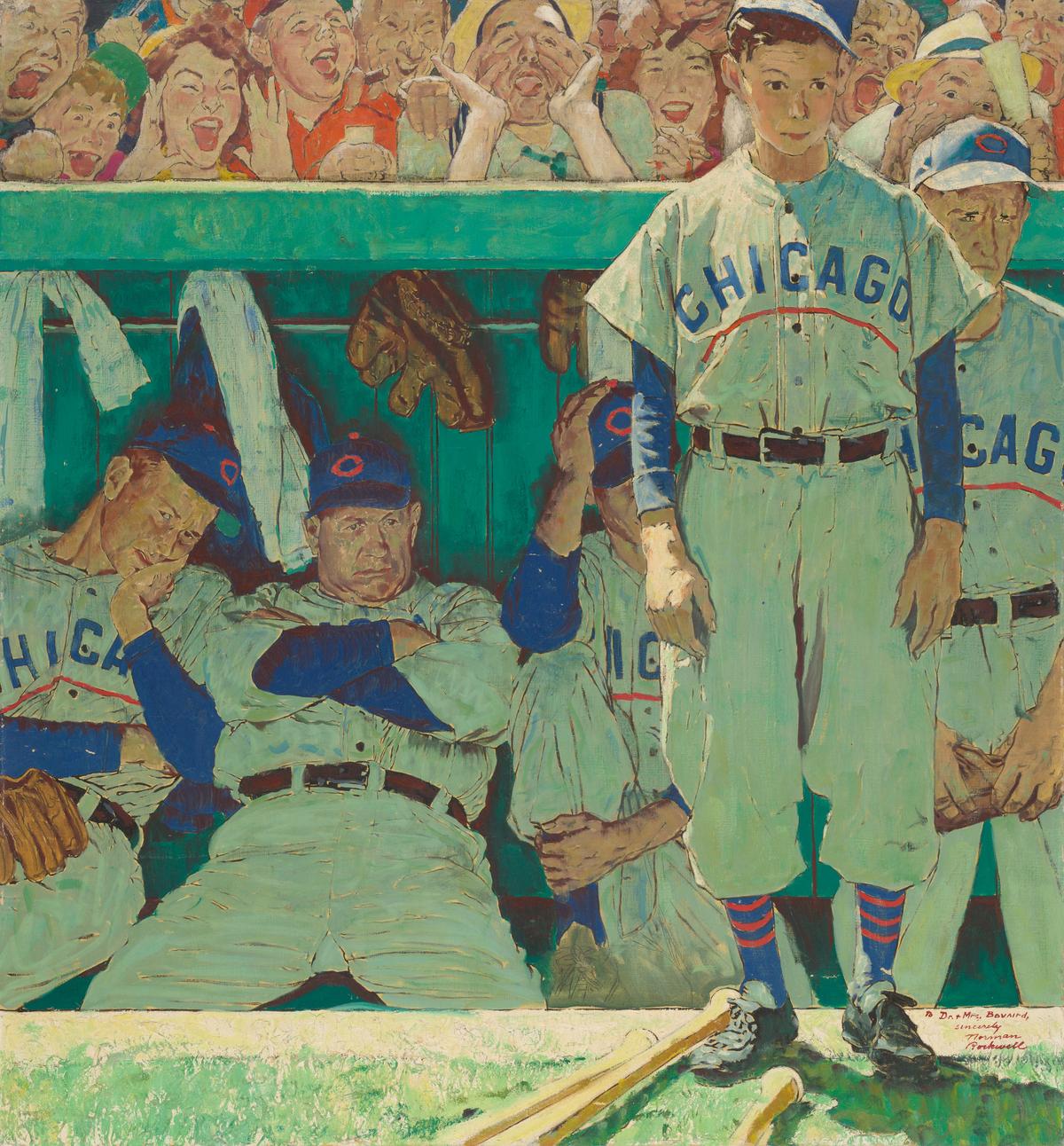 "The Dugout," 1948, by Norman Rockwell. Oil and gouache on canvas; 43 inches by 40 15/16 inches. Gift of The Honorable Bruce V. Rauner and Diana M. Rauner, Art Institute of Chicago. (<a href="https://www.artic.edu/artworks/282198/the-dugout" target="_blank" rel="nofollow noopener">Copyright SEPS licensed by Curtis Licensing</a>)