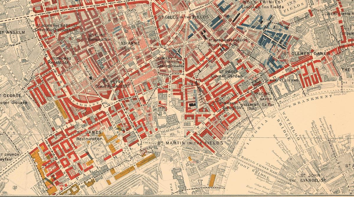 A detail of the Victoria Embankment from Charles Booth's 1898–1899 "Descriptive Map of London Poverty" with red and orange detailing the "well-to-do" and the "wealthy." (Public Domain)